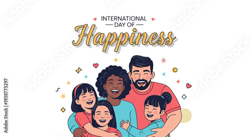 Illustration of a diverse family celebrating International Day of Happiness with joy and positivity concept, smiling and embracing each other with colorful confetti around them.