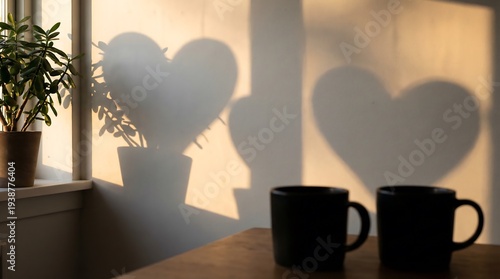 Shadows of plants and coffee mugs on a wall in a cozy room with sunlight