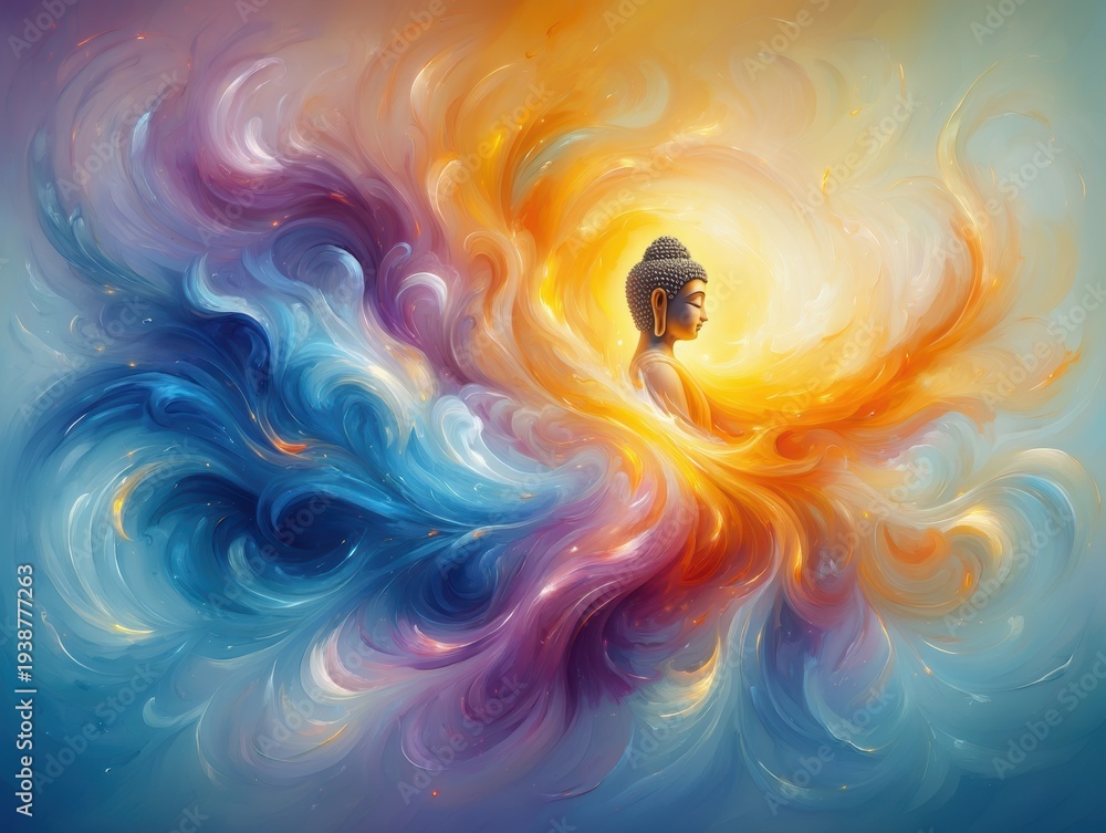 Fototapeta premium Buddha in Meditative Bliss Amidst Cosmic Swirls