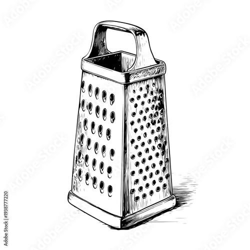 Classic hand-drawn kitchen grater illustration for culinary preparation and cooking themes, available on adobe stock for design projects and kitchen-related graphics