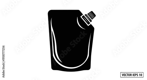 Sleek black silhouette vector icon of a modern flexible stand-up pouch packaging with a convenient