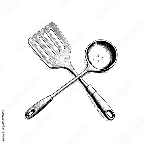Adobe stock hand-drawn illustration of kitchen utensils spatula and ladle on white background