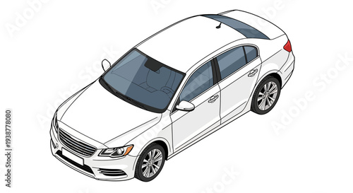 Clean white sedan car illustration viewed from overhead isolated on white