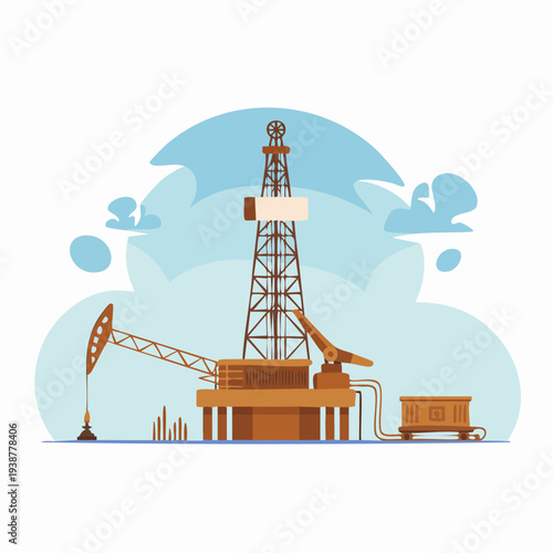 Flat illustration of an oil rig drilling platform with clouds