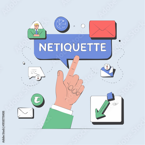 Netiquette concept illustration with hand and internet communication i