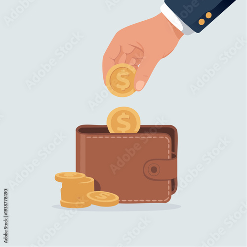 Hand putting gold coins into brown leather wallet