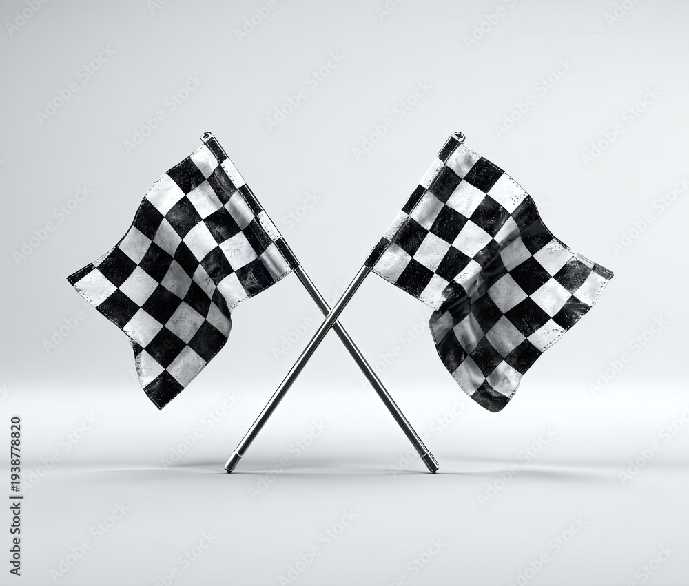 Fototapeta premium Two checkered flags crossed on silver poles against a light background