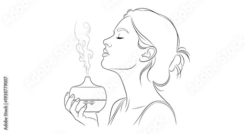 Serene woman with closed eyes inhaling aromatic mist from a modern essential oil diffuser,