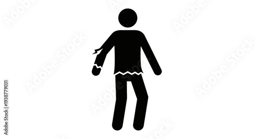 Graphic representation of a damaged stick figure with torn clothing on a clean white background an