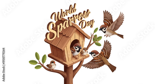 Illustration of house sparrows around a wooden birdhouse with green leaves on a tree branch, featuring 'World Sparrow Day' text in gold, conveying a bird conservation concept with a natural