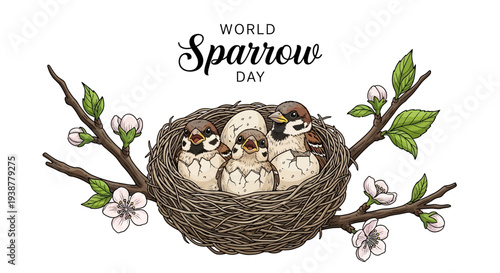 Illustration of World Sparrow Day with baby sparrows in a nest on a flowering branch, promoting sparrow conservation and awareness.