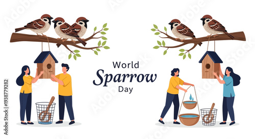 Illustration of people installing birdhouses to support sparrow conservation on World Sparrow Day with a focus on urban bird protection and habitat conservation.