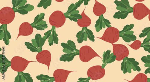 Seamless pattern of red radishes with green leaves is scattered across a cream background creating a vibrant and healthy vegetable wallpaper.