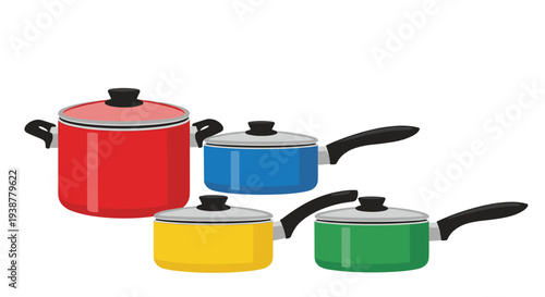 Four vibrant cooking pots with lids are shown in red blue yellow and green colors representing a variety of kitchenware for home culinary tasks.