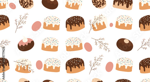 Seamless pattern features decorated Easter bread cakes with sprinkles alongside pink eggs and delicate branches on a clean white background.