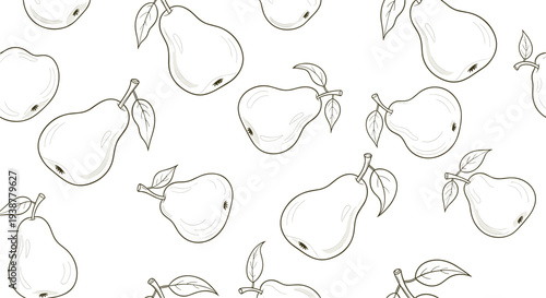 Seamless pattern consists of simple line drawings of pears with leaves repeated across a white background for a minimalist and organic design.