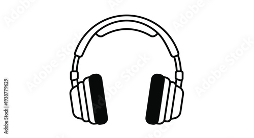 Minimalist black outline of over ear headphones is presented on a white background suitable for music technology and audio equipment themes.