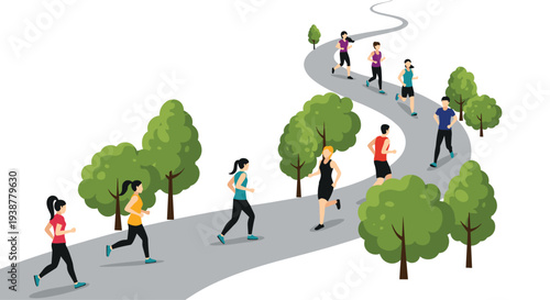 Group of people in colorful athletic wear run along a winding park path surrounded by green trees to promote health fitness and marathon events.