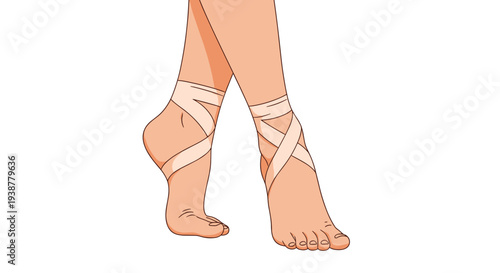 Close up view shows legs and feet of a dancer wrapped in supportive elastic bandages or ribbons for ballet and professional dance practice.