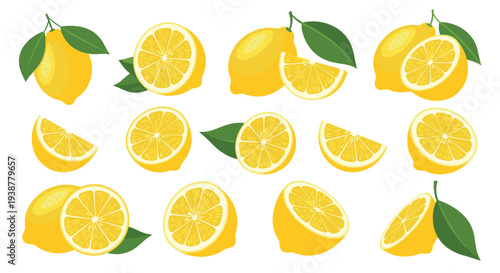 Set of whole and halved lemons with green leaves is arranged in a grid showing different angles and slices of the bright yellow citrus fruit.