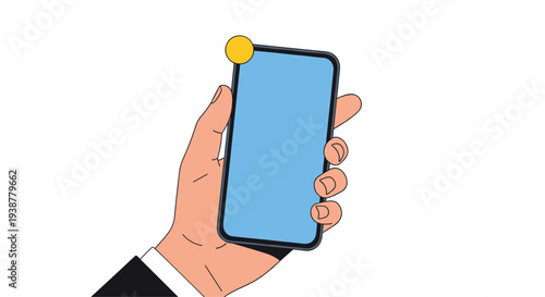 Human hand holds a modern smartphone with a blue screen and a yellow notification bubble at the top corner against a white background space.