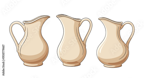 Three elegant ceramic pitchers of different shapes and sizes are presented in a soft cream color against a clean white background for kitchen.