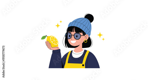 Young woman with glasses and a blue beanie holds up a halved lemon and smiles happily against a white background with shining star elements.