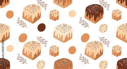 Seamless pattern shows various decorated cakes with icing and colorful sprinkles on a white background accompanied by small branches and eggs.