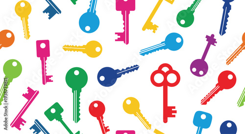 Seamless pattern showcasing various colorful key silhouettes in red, yellow, green, and blue scattered on plain white background.