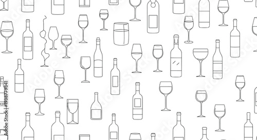 Seamless pattern featuring black line drawings of various wine bottles and different shaped wine glasses on white background.