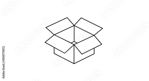 Simple black line drawing of an open empty cardboard box in isometric perspective for shipping and delivery service themes.