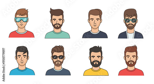 Collection of eight diverse male avatars with different hairstyles and beards wearing glasses and colorful casual clothing.