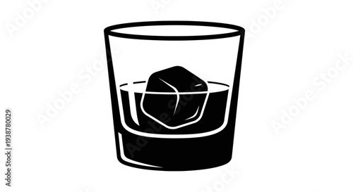 Minimalist black and white vector graphic of a cool beverage served in a glass with ice