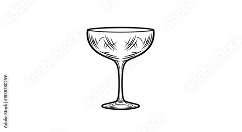 Elegant etched champagne coupe glass illustration in monochromatic style for sophisticated designs