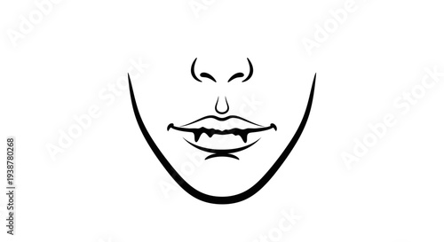 Minimalist black and white illustration of a vampire face with sharp fangs, perfect for Halloween