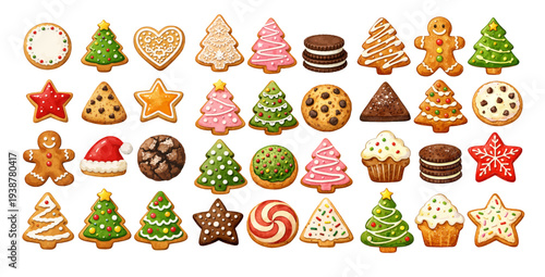 A charming watercolor collection of decorated Christmas cookies including gingerbread, stars, and tree shapes for holiday dessert illustrations and festive design
