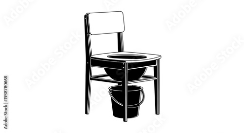 Black and white illustration of a simple, functional commode chair with a bucket for basic