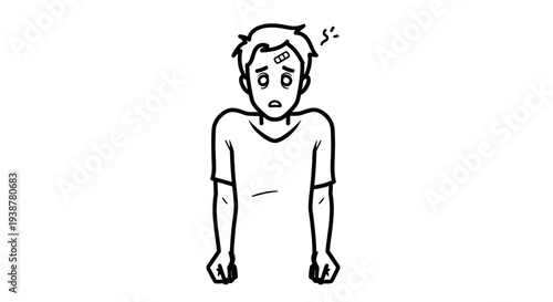 Simple line drawing of a worried young man featuring a bandage on his forehead, depicting