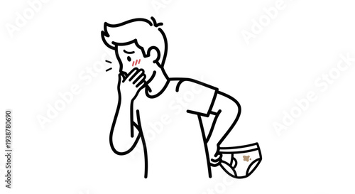 Embarrassed man holding stained underwear after an unfortunate personal accident