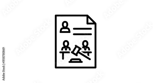 Legal proceedings document with judge and jury icon representing the justice system process