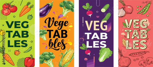 Assorted vegetable illustrations on vibrant colored backgrounds showcasing various vegetables and kitchen utensils from a top-view perspective