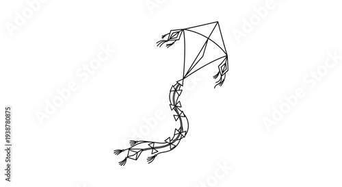Stylized black and white vector art showcasing an iconic kite design and decorative streamer