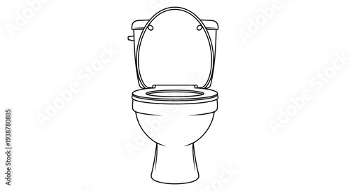 Clean vector line art illustration of a modern toilet with its seat and lid fully raised