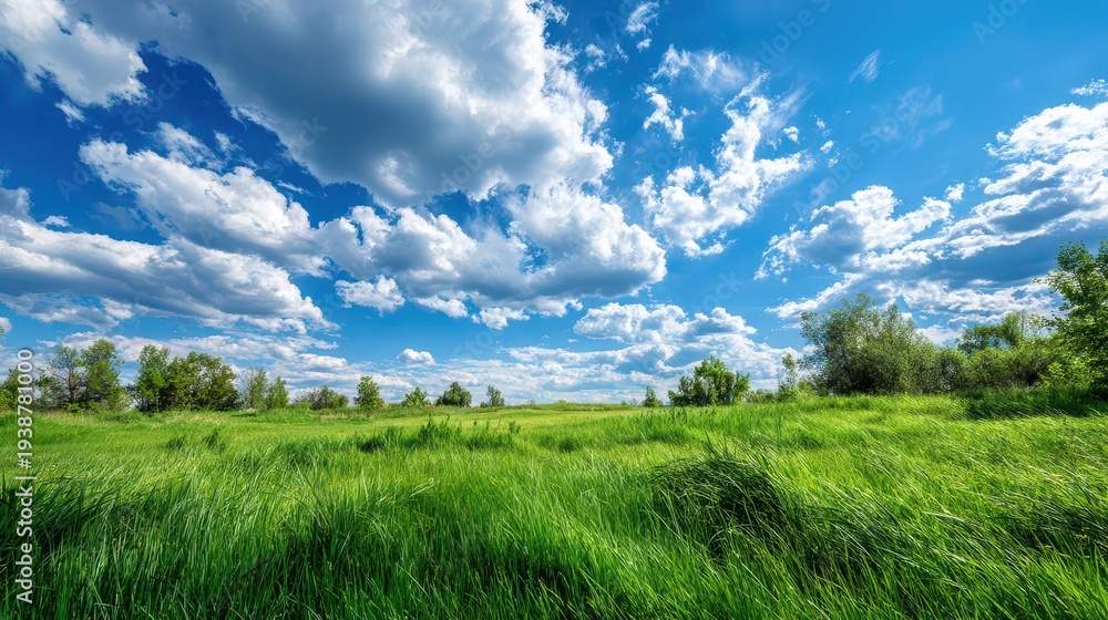 Obraz premium Serene grass field under a vibrant blue sky