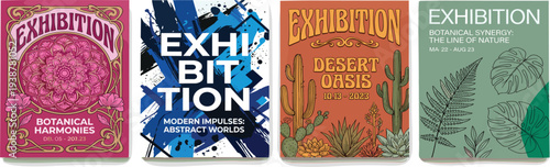 Collection of exhibition posters showcasing unique botanical designs and desert oasis theme in a visually appealing display
