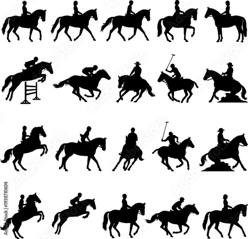 Silhouettes of people riding horses in various equestrian sports and activities.