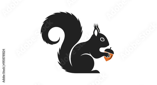 Silhouette of a black squirrel holding an acorn, isolated on a white background