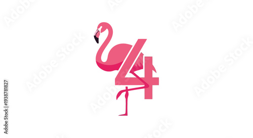 Vibrant pink flamingo illustration gracefully integrating the numerical symbol forty-four, showcasing a harmonious fusion of natural elegance and abstract design in a unique modern graphic