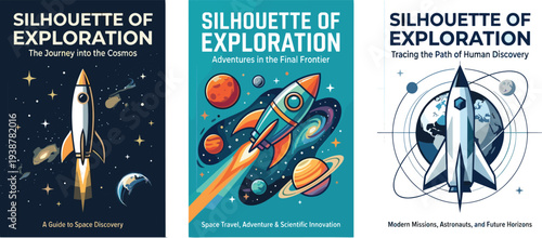 Space Exploration Scene with Rocket, Galaxy, Stars, Astronaut, and Cosmos View from Space