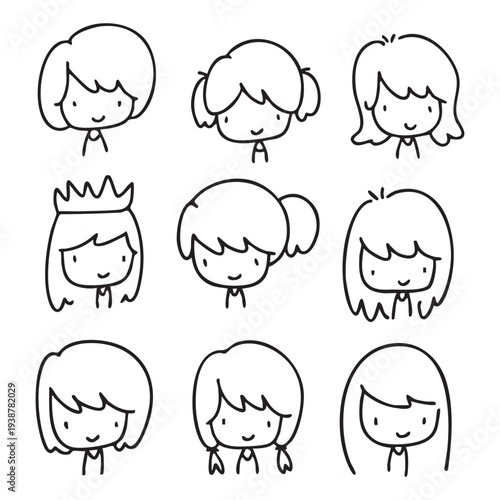 Cartoon children face and avatar in black and white doodle style. cute children's face icons in line art style, featuring diverse expressions and hairstyles